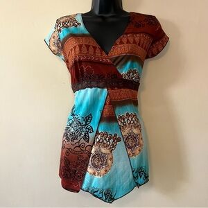 vtg Y2k babydoll top brown teal Fairy asymmetrical short sleeve S